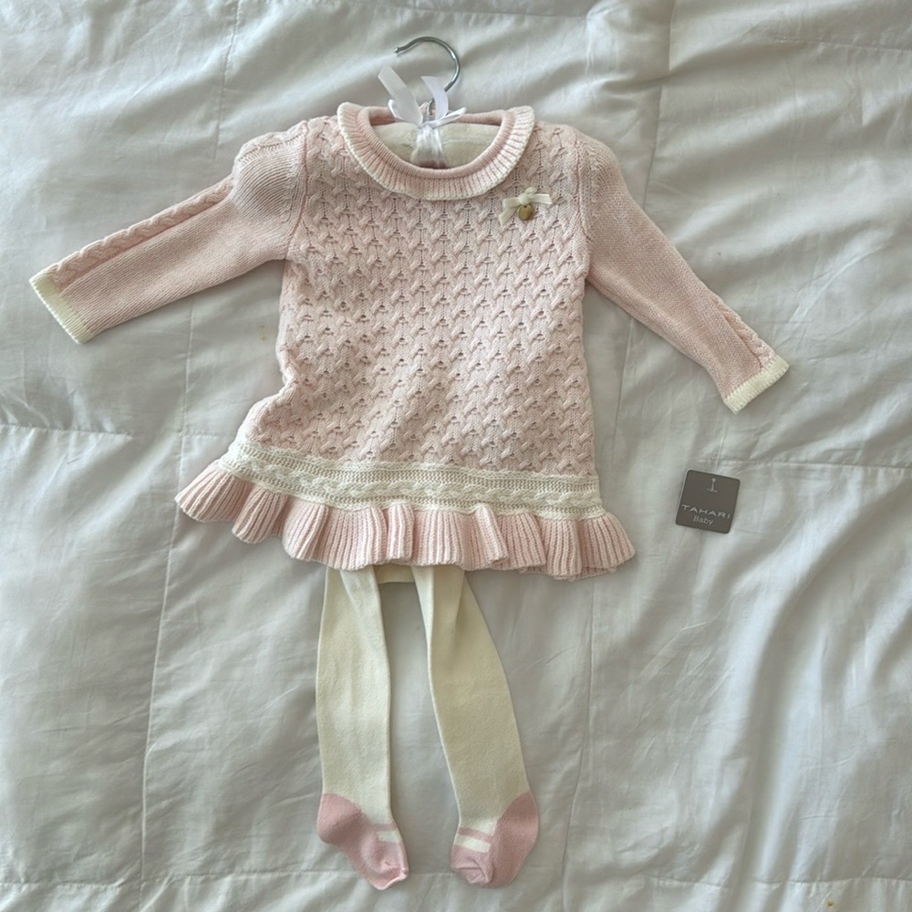Tahari Baby 2-piece Pink Knit Sweater Dress/Tunic with Cream Tights